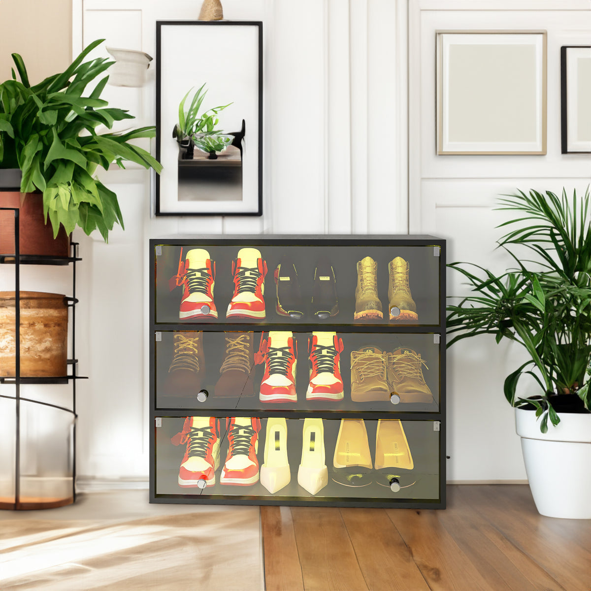 Illuminated Wooden Shoe Display Cabinet with Glass Doors and LED Lights