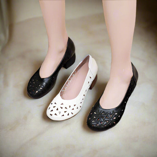 Bequeme Damenpumps Aus Leder Kleiner Eckabsatz Runde Spitze