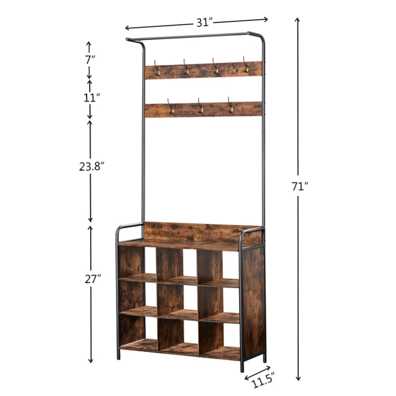 3-in-1 Entryway Coat Rack and Shoe Storage with Hooks