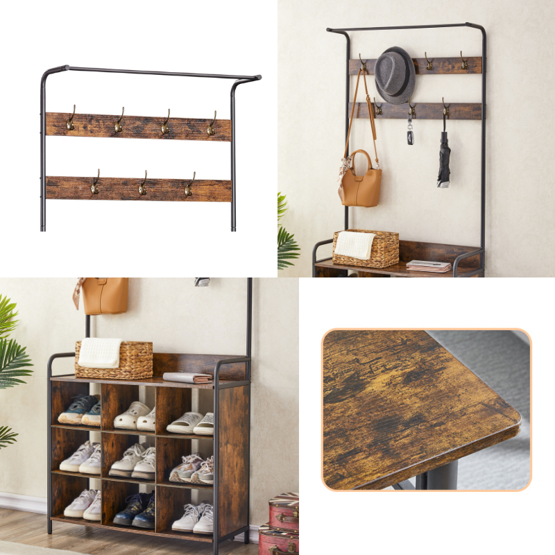 3-in-1 Entryway Coat Rack and Shoe Storage with Hooks