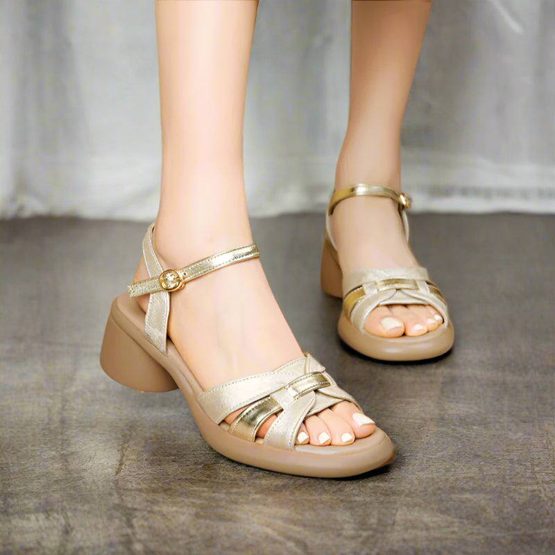 Rindsleder Sandalen Niedriger Absatz Schnalle Elegant Bequem