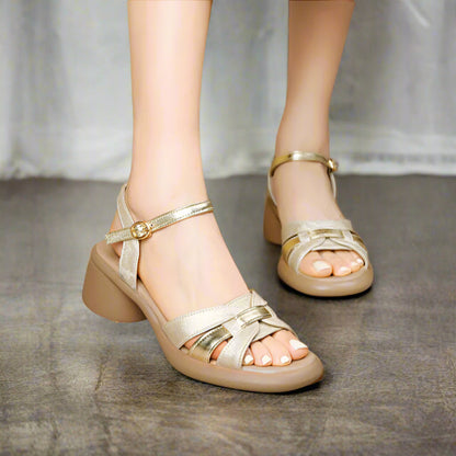 Rindsleder Sandalen Niedriger Absatz Schnalle Elegant Bequem