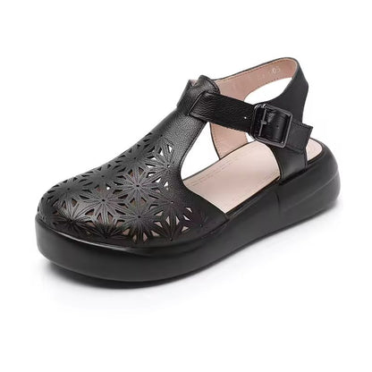 Women's Platform Sandals, Black Leather Orthopedic Wedge Sandals with Closed Toe and Adjustable Strap for Comfort and Support 5