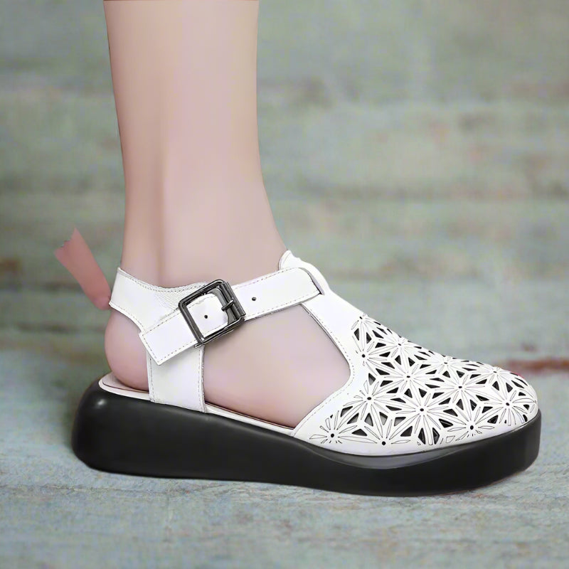 Women's Platform Sandals, Black Leather Orthopedic Wedge Sandals with Closed Toe and Adjustable Strap for Comfort and Support 13