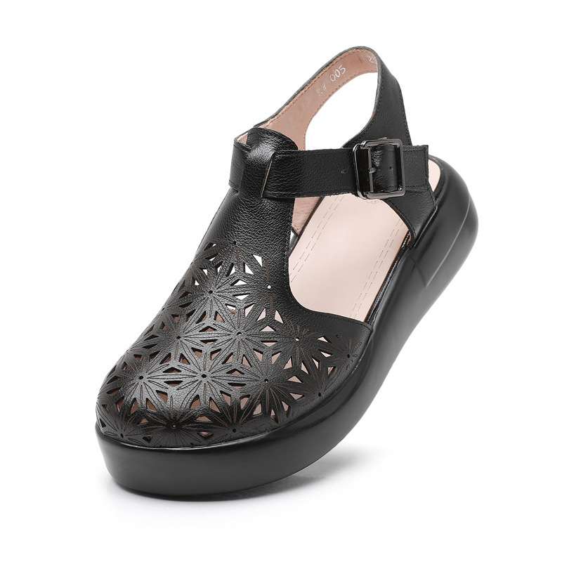 Women's Platform Sandals, Black Leather Orthopedic Wedge Sandals with Closed Toe and Adjustable Strap for Comfort and Support 12