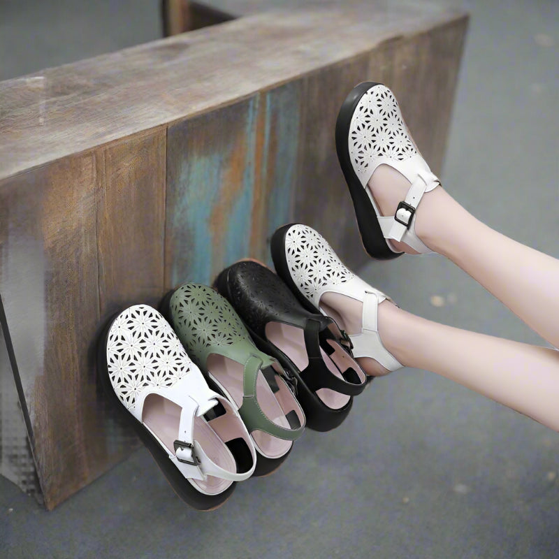 Women's Platform Sandals, Black Leather Orthopedic Wedge Sandals with Closed Toe and Adjustable Strap for Comfort and Support 3