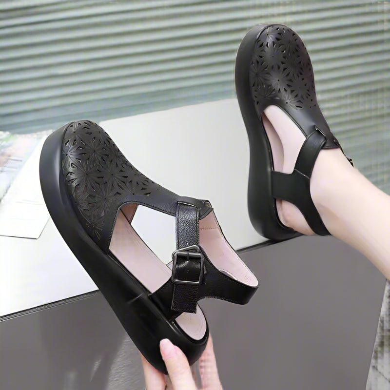 Women's Platform Sandals, Black Leather Orthopedic Wedge Sandals with Closed Toe and Adjustable Strap for Comfort and Support 1