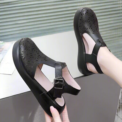 Women's Platform Sandals, Black Leather Orthopedic Wedge Sandals with Closed Toe and Adjustable Strap for Comfort and Support 1