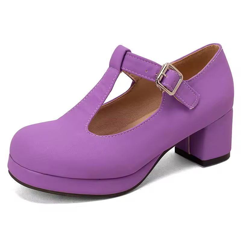 T-Riemchen-Pumps Plateau Übergrößen Blau Mit Schnalle