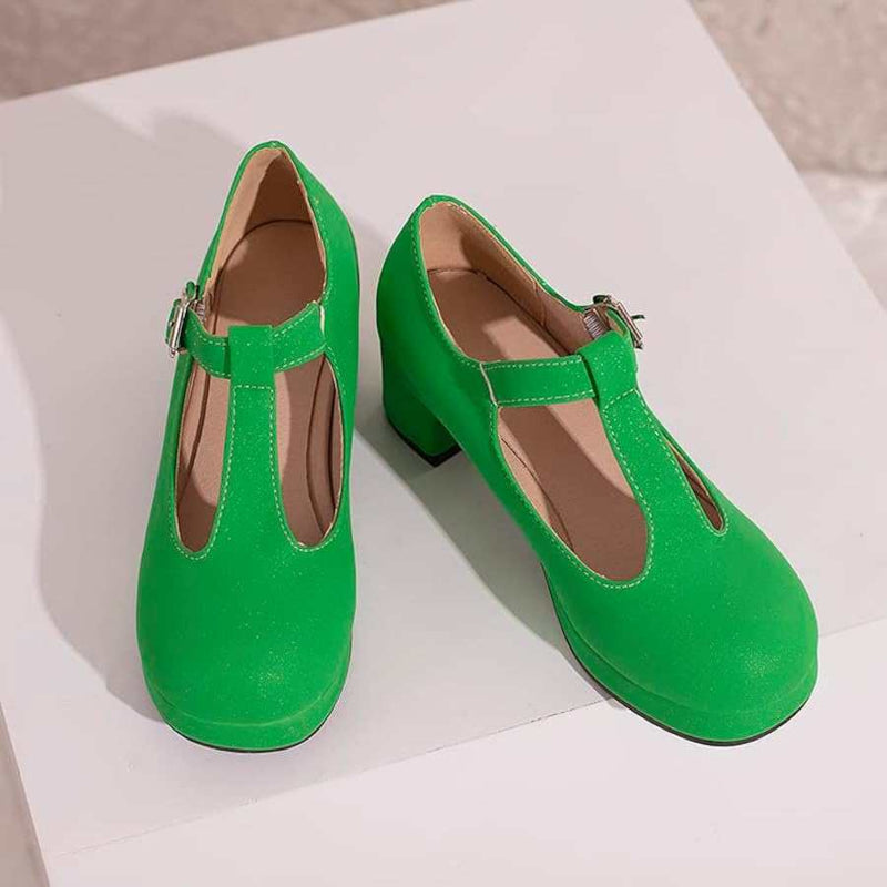 T-Riemchen-Pumps Plateau Übergrößen Blau Mit Schnalle