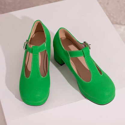 T-Riemchen-Pumps Plateau Übergrößen Blau Mit Schnalle