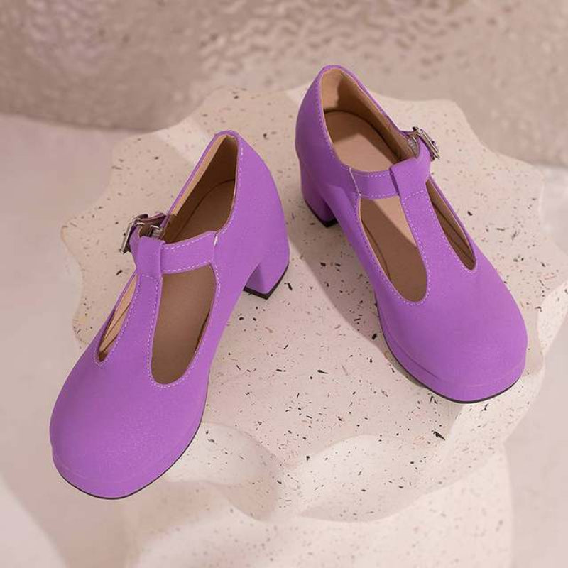 T-Riemchen-Pumps Plateau Übergrößen Blau Mit Schnalle