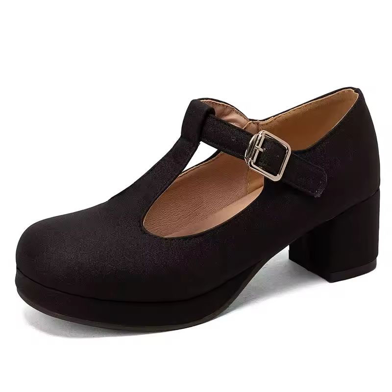 T-Riemchen-Pumps Plateau Übergrößen Blau Mit Schnalle