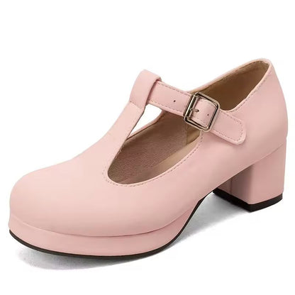 T-Riemchen-Pumps Plateau Übergrößen Blau Mit Schnalle