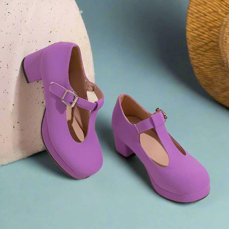 T-Riemchen-Pumps Plateau Übergrößen Blau Mit Schnalle