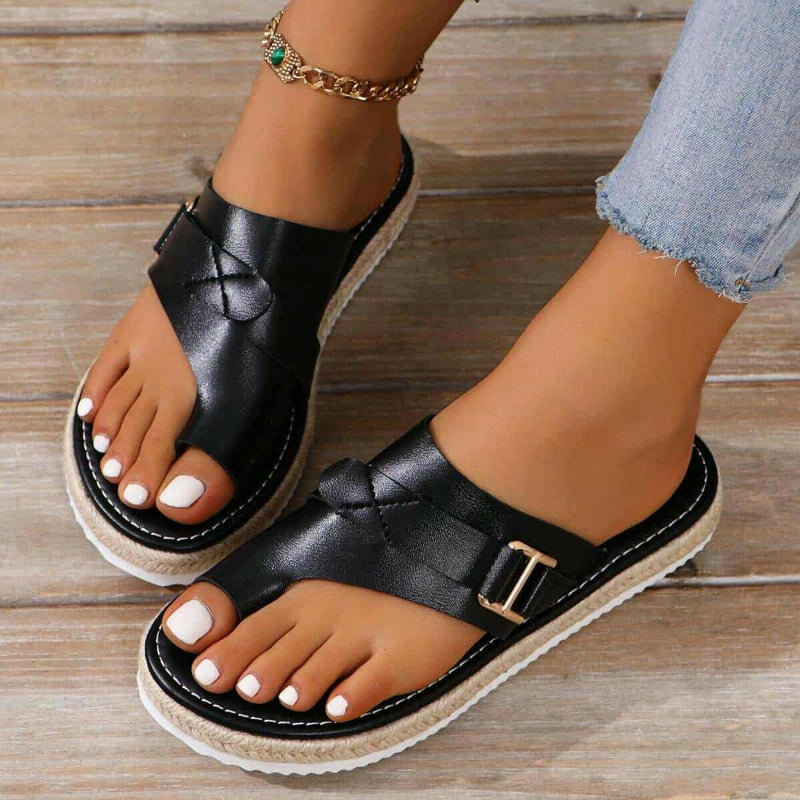 Bequeme Damen Sandalen Schwarz PU Leder Buckle Offene Zehen