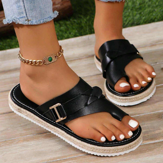Bequeme Damen Sandalen Schwarz PU Leder Buckle Offene Zehen