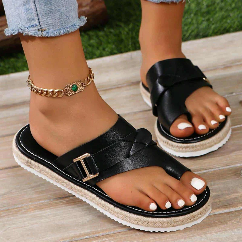 Schwarze PU Leder Offene Sandalen Hallux Valgus Hammerzehen