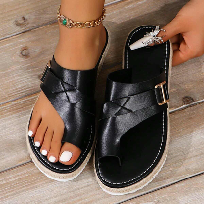 Schwarze PU Leder Offene Sandalen Hallux Valgus Hammerzehen