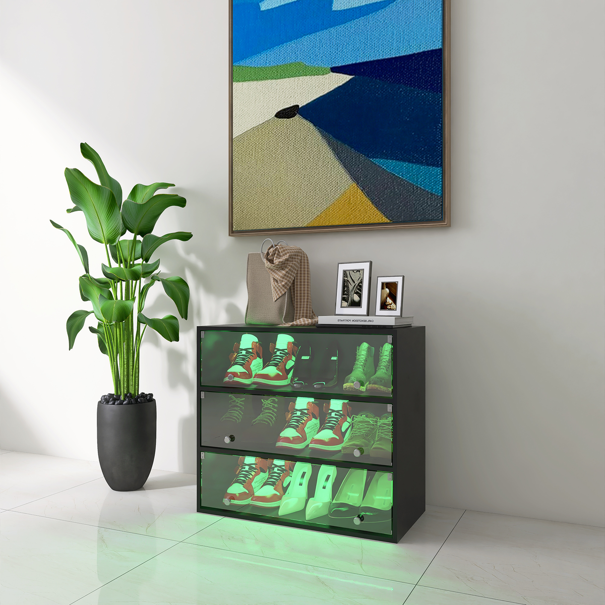 Illuminated Wooden Shoe Display Cabinet with Glass Doors and LED Lights