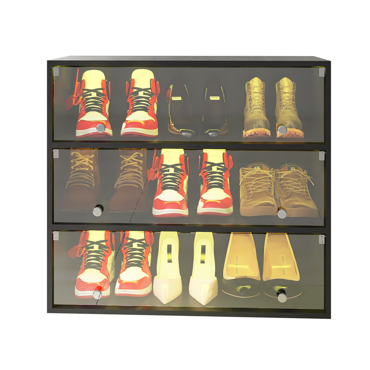 Illuminated Wooden Shoe Display Cabinet with Glass Doors and LED Lights