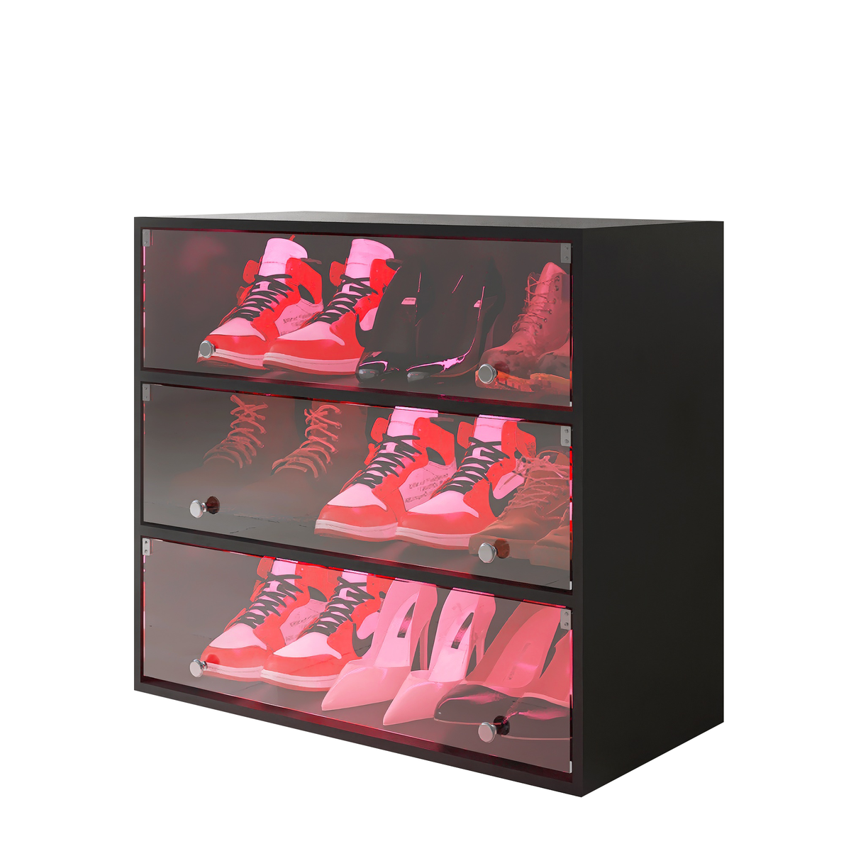 Illuminated Wooden Shoe Display Cabinet with Glass Doors and LED Lights