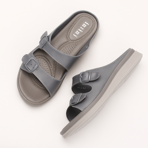 Weiche Sommer Pantoletten Damen Grau Zweibügel Schnallen