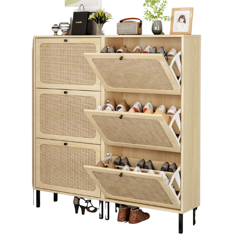 Eco-friendly Natural Rattan 3 Door Shoe Rack For Entryway - Shoussy