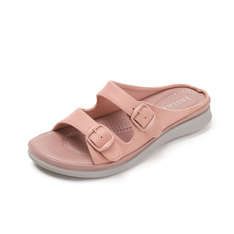 Weiche Sommer Pantoletten Damen Grau Zweibügel Schnallen