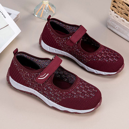 Damen Sandalen Burgunderrot Strick Mit Klettverschluss