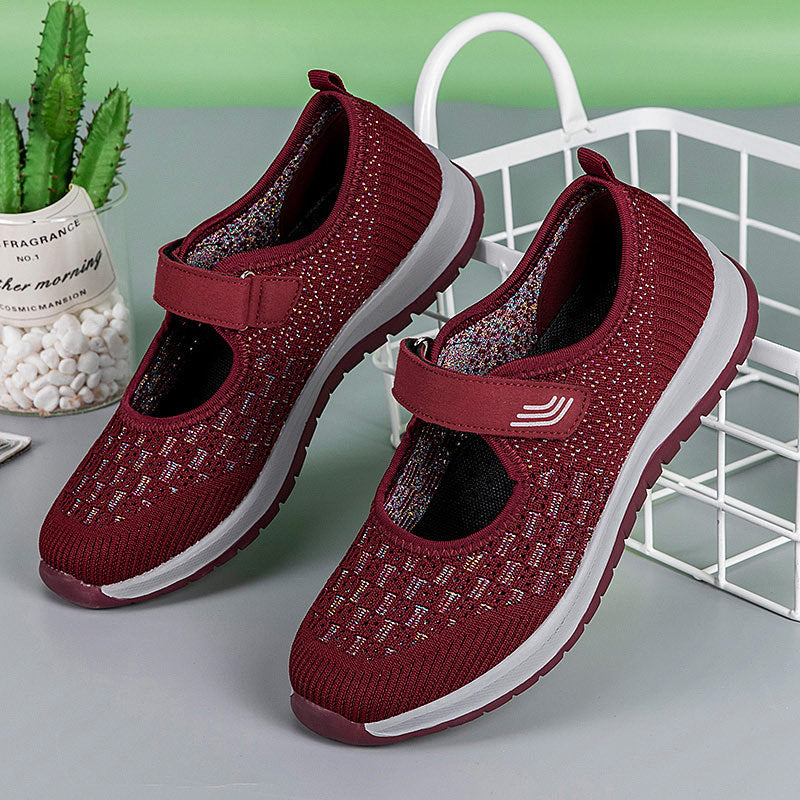 Damen Sandalen Burgunderrot Strick Mit Klettverschluss